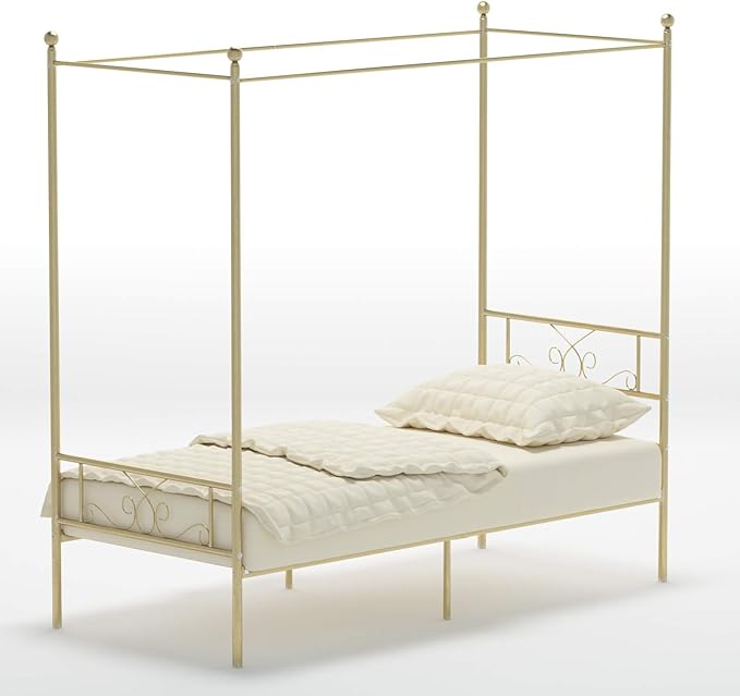 Weehom Twin Canopy Bed Frame with Headboard and Footboard, 4 Posters Metal Bed Frame, No Box Spring Needed, Mattress Foundation Platform Bed for Kids and Adults, Gold