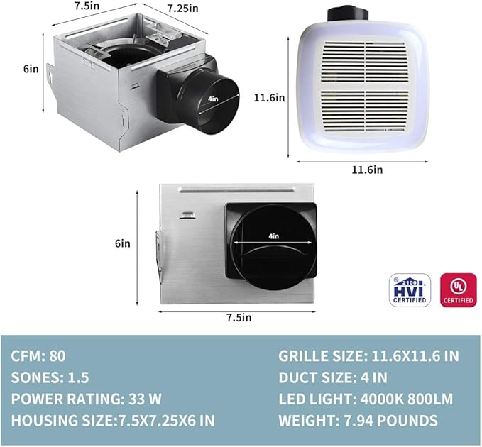 Tech Drive Very-Quiet 80 CFM, 1.5 Sone No Attic access Needed Installation Bathroom Ventilation and Exhaust Fan With LED light 4000K 800LM (80CFM),Ceiling Mounted Fan,Easy to Install