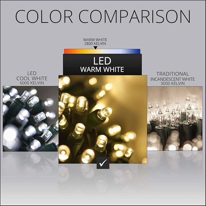 50 Warm White LED Christmas Lights, 25 ft Green Wire Indoor/Outdoor Wide Angle Mini String, Commercial Grade Tree, Party & Holiday Lighting, 6" Spacing, 5mm