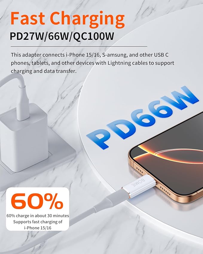 BOMIE Light-ning to USB C Adapter 2 Pack,PD27W/66W Fast Charging 480Mbps Data Transfer,USB C Charger Connector Cable for M-acBook,Phone 15/16/17 Pro Max,Pad pro,G-alaxy,X-Peria,No for Headphone/OTG
