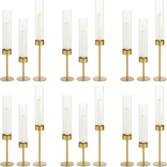 Glass Hurricane Candle Holders Set (18pcs)-Gold Metal Base Taper Candle Stick Holders for Candlesticks Holder Decor, Elegant Dining Table Centerpiece for Wedding, Christmas & Home Decor-Ribbed Glass
