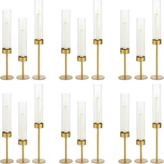 Glass Hurricane Candle Holders Set (18pcs)-Gold Metal Base Taper Candle Stick Holders for Candlesticks Holder Decor, Elegant Dining Table Centerpiece for Wedding, Christmas & Home Decor-Ribbed Glass