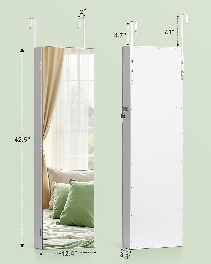 Nicetree Mirror Jewelry Cabinet, Jewelry Armoire with Full Length Mirror,Mirror with Jewelry Storage Wall/Door Mounted, Lockable Jewelry Armoire Organizer,White