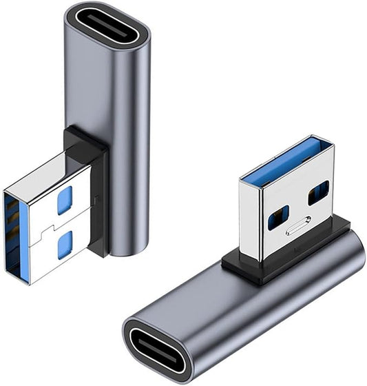 AreMe 90 Degree USB C Female to USB Male Adapter 2 Pack, Left Angle Type C to USB A Charger Converter for iPhone, Apple iWatch Watch, Airpods, iPad Air Mini and More