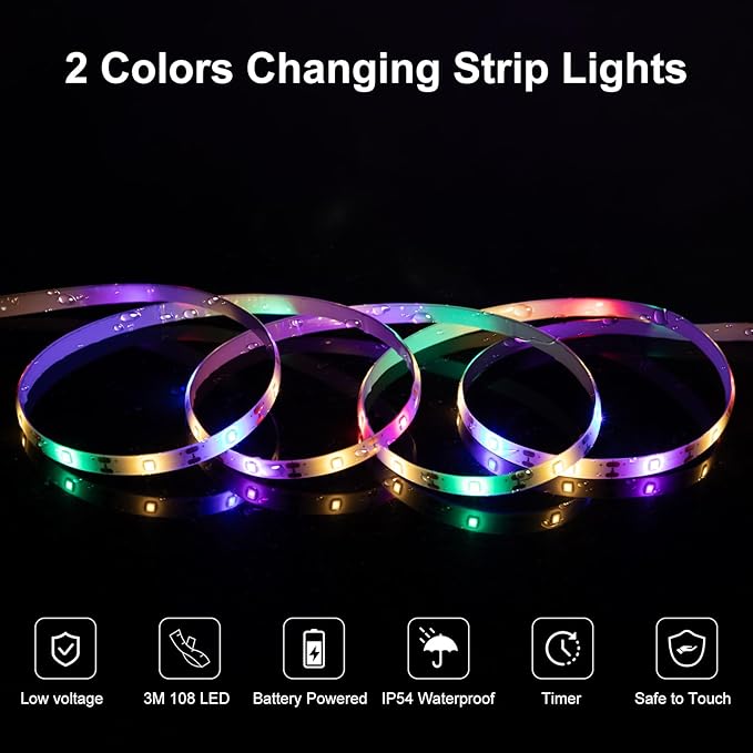 echosari LED Strip Lights Battery Operated, 10Ft 108 LED Dual Color Changing Strip Lights with Remote Cuttable Adhesive Lights Strip for Bedroom Party Decoration (Warm White & Multicolor)