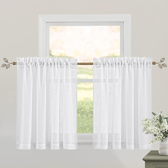RYB HOME Kitchen Curtains 36 inch Length, White Semi Sheer Window Drapes Short Curtains for Farmhouse Cafe RV Bathroom Small Window, W 52 x L 36, White, Set of 2