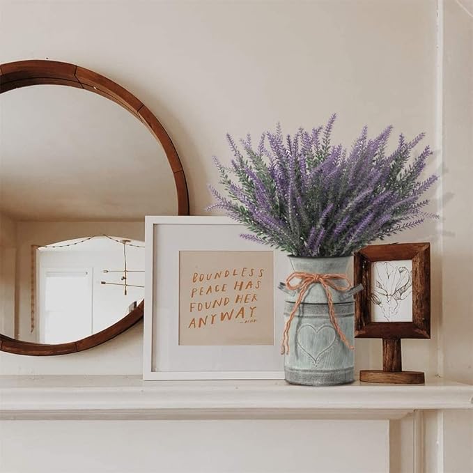 Artificial Lavender Flowers with Vase,Fake Lavender Plant Artificial in Metal Vase for Kitchen Counter Rustic Farmhouse Decor (Heart,Purple)