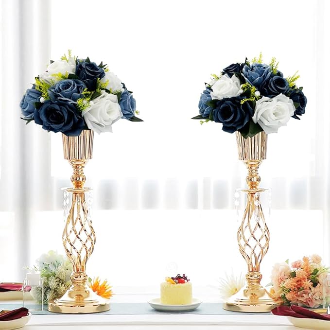 10Pcs Fake Flower Ball Arrangement Bouquet, 9.5" 15 Heads Plastic Roses with Base,Suitable for Parties Valentine's Day Wedding Centerpiece Flower Rack and Home Décor (Dusty Blue & White)