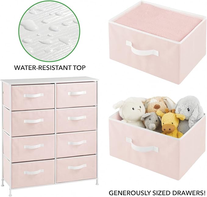 mDesign 38.31" High Steel Frame/Wood Top Storage Dresser Furniture, 8 Fabric Drawers, Large Bureau Organizer for Baby, Kid, Teen Bedroom, Nursery, Playroom, Dorm, Jane Collection, Pink/White