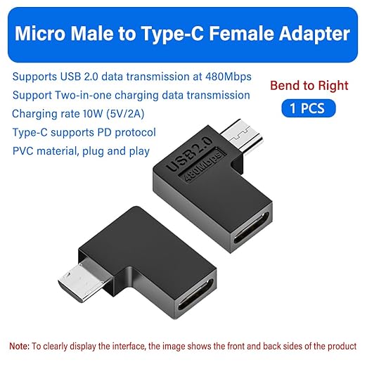 2 PCS USB2.0 Type C Female to Micro USB Male Power Data Adapter.USB C to Micro USB L Shape Right Bend Convert Connector for Charging or Data Transfer.