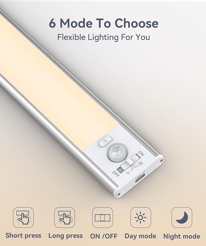 Under Cabinet Lighting, 3200mAh Rechargeable Motion Sensor Light Indoor, LED Battery Operated Cabinet Lights, Dimmable Closet Light, Wireless Under Counter Lights for Kitchen (2pack)