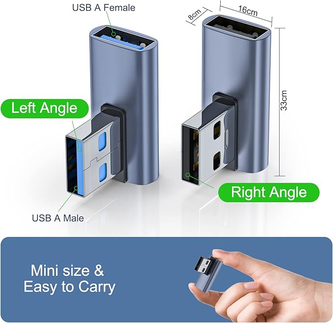 4 Pack USB 3.1 90 Degree Adapter,【2*Left Angle】&【2*Right Angle】 USB A Male to Female Adapter for PC, Laptop, USB A Car Charger, Power Bank and Most USB Devices