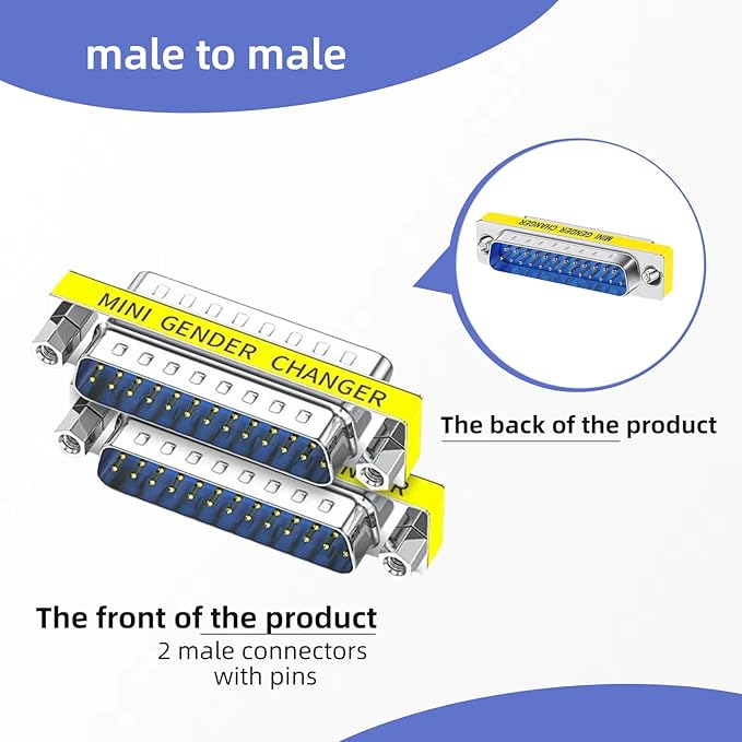 db9 Connector Null Modem Adapter，25-Pin Serial vga Adapter RS232 db9 Gender Changer,for Computer and Industrial Device Data Transfer(M-M（2P-25 Pin）)