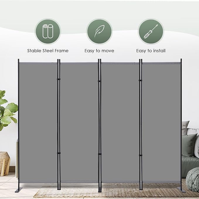 RANTILA 4 Panel Room Divider, 6 FT Folding Privacy Screen with Wide Feet, Freestanding Partition for Room Separation, Portable Room Divider Panel, 89" W x 71" H, Grey