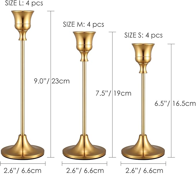 Set of 12 Brass Gold Candle Holder Candlestick Holders Taper Candle Holders Metal Candle Stick Wedding Centerpieces for Tables Candlelight Dinner Home Decor(Candles not Include)