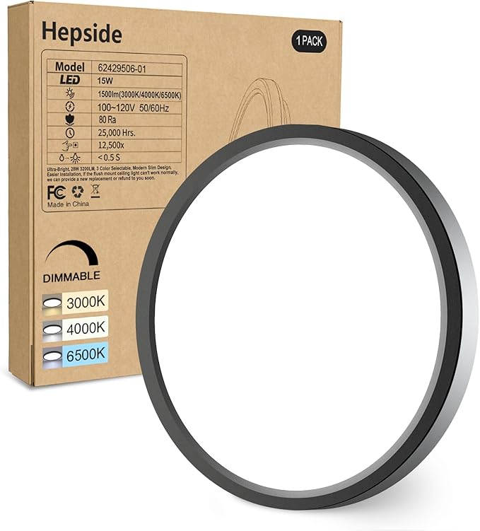 hepside 1Pack Dimmable Flush Mount Ceiling Light Fixture Black, 3CCT Selectable 3000/4000/6500K Ceiling Lamp, 7.5INCH 15W 1500LM Low Profile Light for Bedroom, Kitchen, Bathroom, Hallway