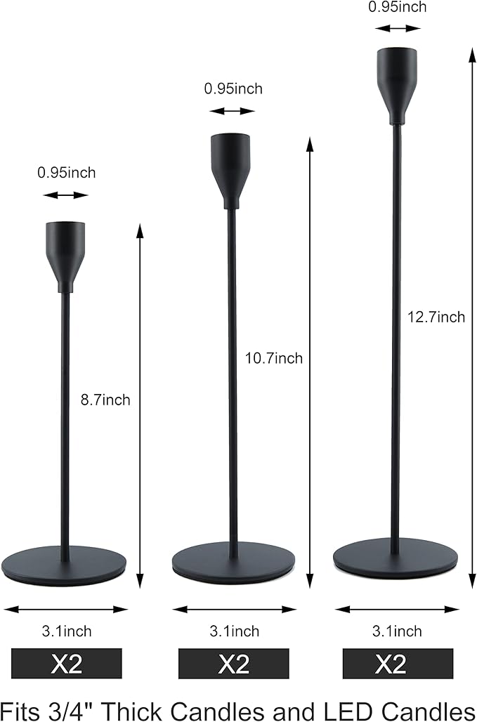 Black Taper Candle Holders Set of 6, Metal Candlestick Holders for Table or Mantel Decor Centerpiece, Candle Stick Holder Decor for Wedding, Dinning, Party or Anniversary