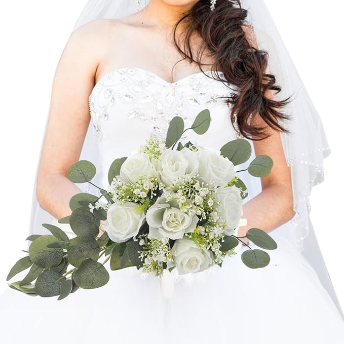Wedding Rose Bouquet Bridesmaid Flower Bouquets, Artificial Rose White Wedding Bouquets for Bride Bridesmaid Bouquet Faux Bouquet Bride Bridesmaid Holding Flower for Wedding Decor
