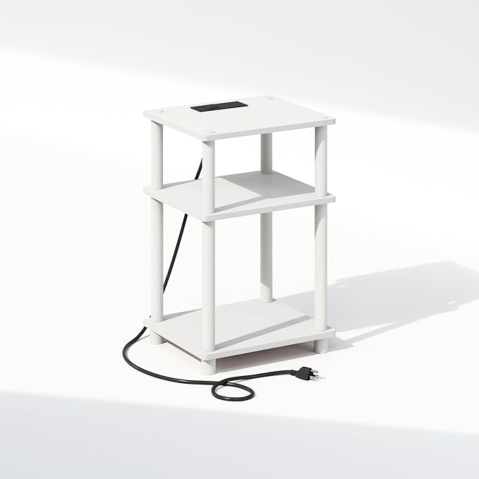 Furinno JUST Night Stand, 3-Tier Turn-N-Tube Nightstand with Charging Station, Bedside Table, End Table, Side Table with USB and Type-C Charging Port, for Bedroom, Living Room, White