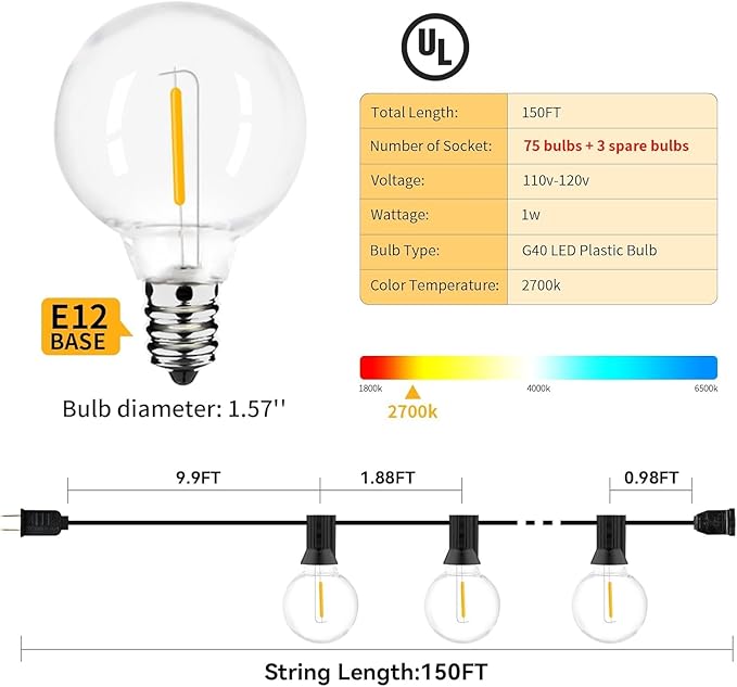 150ft Outdoor String Lights Waterproof/Connectable/Dimmable LED Shatterproof Bulbs,UL Listed Globe G40 String Lights Outside Lighting for Patio Backyard Cafe Party Wedding Garden