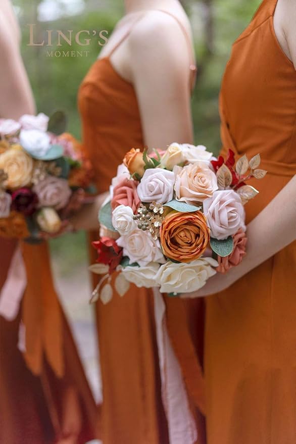Ling's moment Artificial Flowers Fake Silk Roses Faux Foam Flower Combo for DIY Wedding Bouquets Centerpieces Arrangements Bridal Shower Party Home Decorations, Orange & Dusty Rose, 21pcs