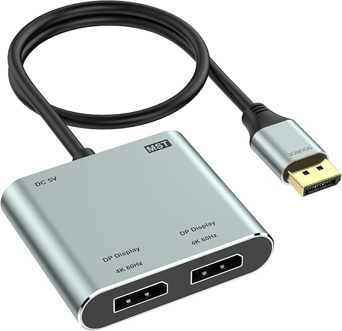 DisplayPort to Dual DisplayPort Splitter Adapter, 4K@60Hz Display Port Splitter Extended Display for Dual Monitors, DP1.4 Splitter 1 in 2 Out, DisplayPort MST Hub for PC, NVIDIA, AMD Graphic Card