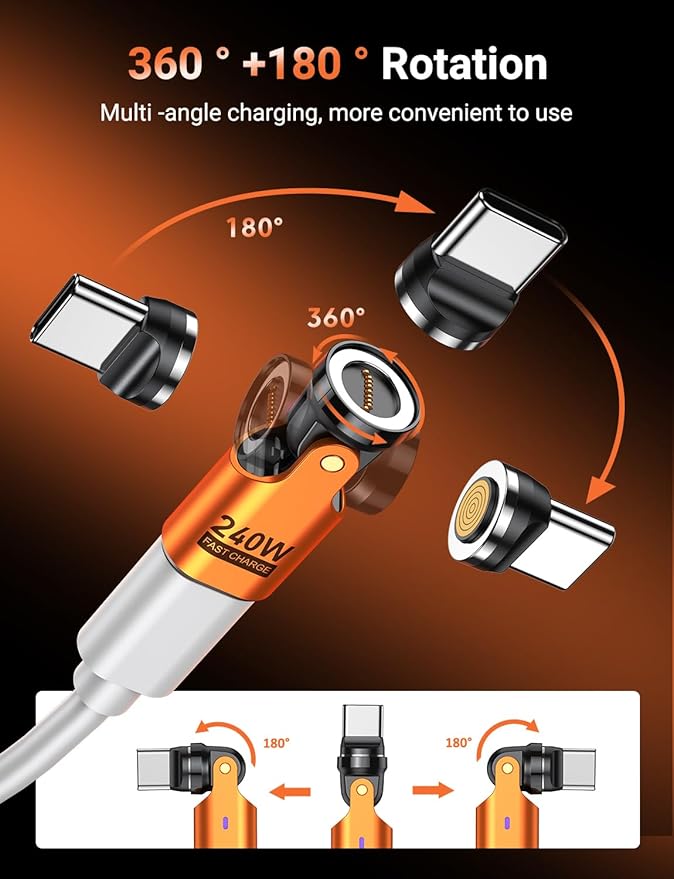 USB C Magnetic Adapter PD 240W(2Pack), 9PIN USB C 90 Degree Adapter/C Right Angle Adapter/180 Degree USB Connector/C to C Adaptor for 1Phone 16/15 Series, Ma-Book Pro/1Pad Series (Orange, 2 Pack)