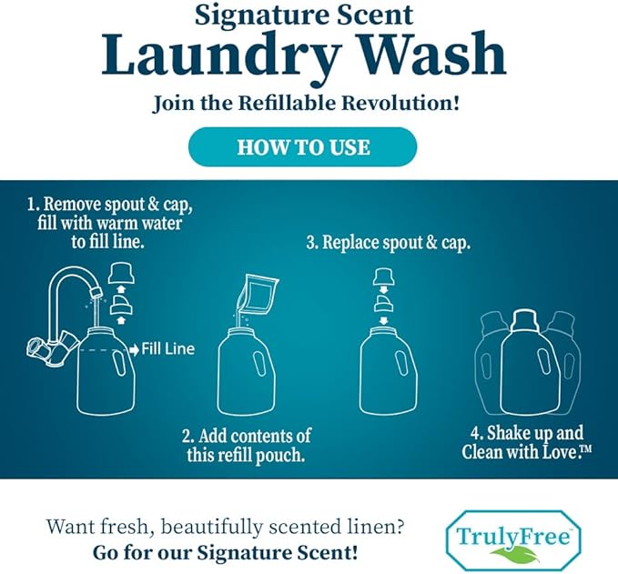 Natural Laundry Detergent for Sensitive Skin | Eco Friendly, Plant Based, Baby Clothes Safe | Clean & Easy Powder to Liquid, 4 Pack Refill Detergent, NO Jug | Signature Scent, 200 Loads
