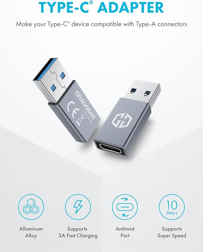 GRAUGEAR USB-C Adapter, 10Gbps Double Sided Data Transfer, 3A Fast Charging, USB C Female to USB A Male Adapter 3.2, Compatible with PC, Laptop, MacBook, iPhone, iPad, Apple Watch, Carplay
