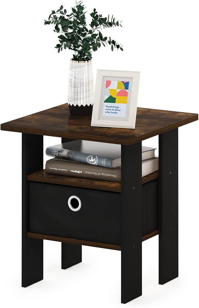 Furinno ANDREY Side Table, End Table, Night Stand with Open Shelves and Storage Bin, Bedside Table, for Living Room, Bedroom, Amber Pine
