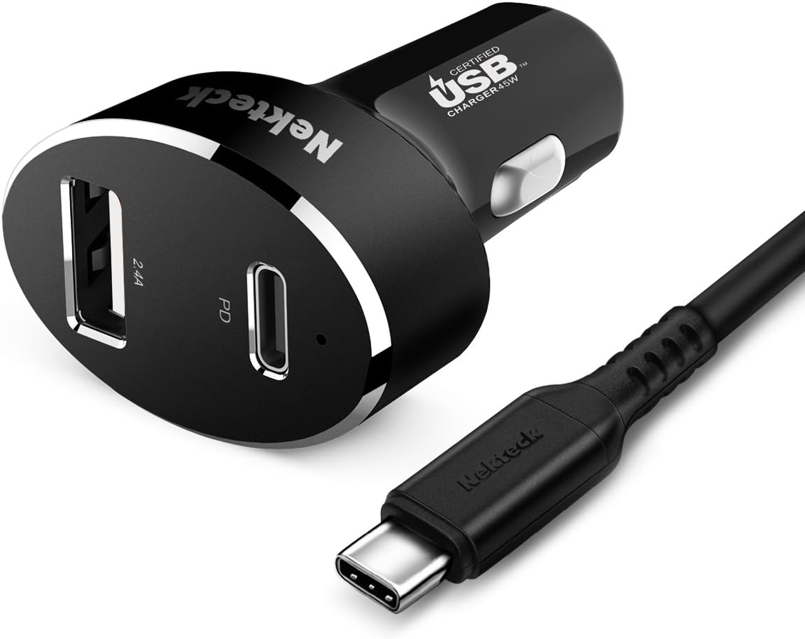 Nekteck Type C Car Charger with 45W Power Delivery, 12W A Port, 3.3ft Cable for iPhone, iPad, MacBook, Galaxy
