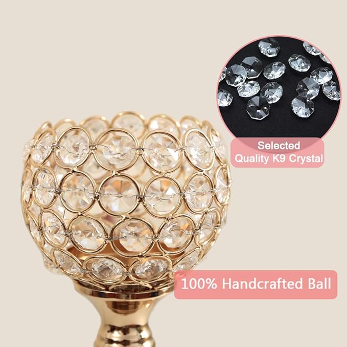 VINCIGANT 16PCS Gold Crystal Candle Holders Pillars for Wedding Decoration,Votive Crystal Candle Holders for Dinner Table Room Party Rhinestone Decorative