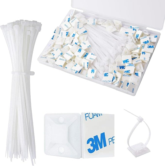 Strong Back-Glue Self Adhesive Cable Zip Tie Mounts Kit - 100 Set Cable Management Clips with 6" Zip Ties, Wire Holders - Outdoor Sticky Wire Organizer Clips - White