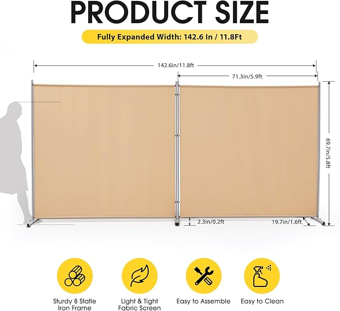 Rantila 2 Large Panels Room Divider,Portable Office Divider,Convenient Movable,Folding Partition Privacy Screen for Bedroom,Dining Room, Study,142" W x 71" H,Beige