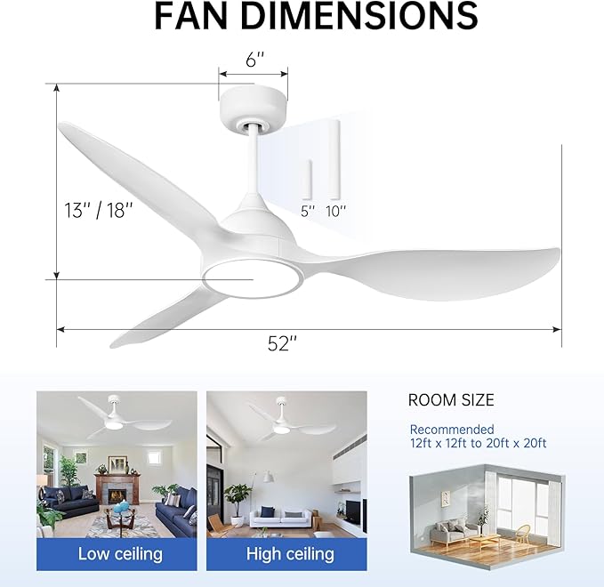 reiga 52 inch White Modern Ceiling Fans with Lights Remote Control, Quiet Reversible DC Motor, 3 Blade High Flow for Living Room Bedroom Farmhouse