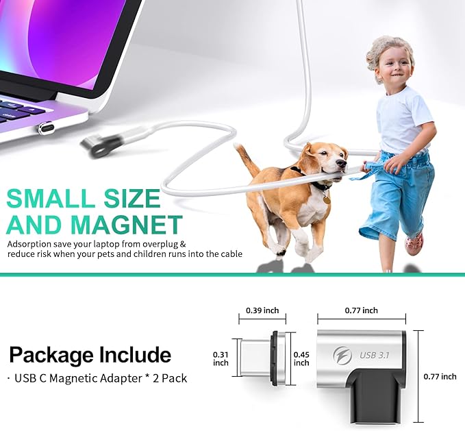 USB C Magnetic Adapter Right (2 Pack), 24Pin Type C Connector, Support PD 100W Fast Charge, USB 3.1 10Gb/s Data Transfer, 4K@60Hz Video Output for MacBook Pro/Air,Phone and More Type C Devices (Grey)