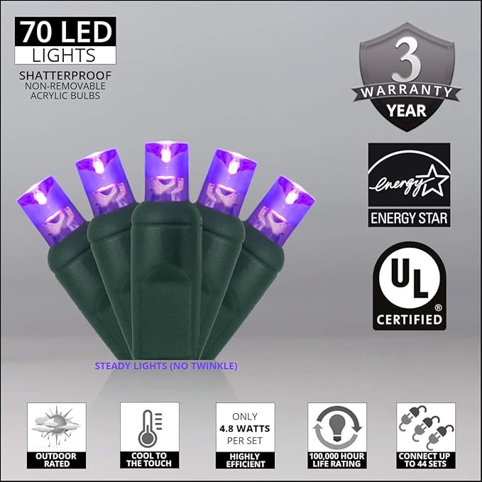 Wintergreen Lighting 70 Piece 5mm LED Purple Lights, 24' String Lights for Holiday Decorations, Indoor-Outdoor Use, UL & Energy Star Certified