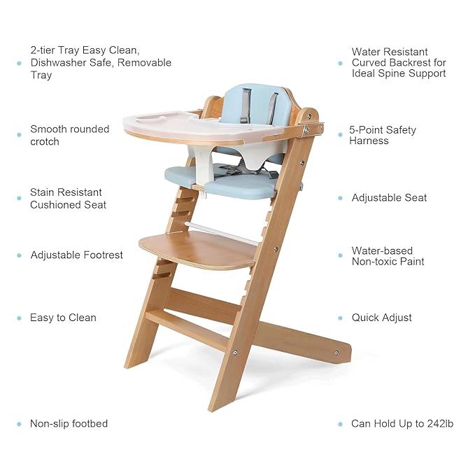 Cowiewie Natural Wooden High Chair for Babies & Toddlers 3-Tier Remove & Adjustable Tray, 8 Adjustable Highchair with Cushions, Portable (Blue)