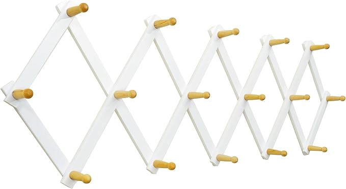 SKOLOO Accordion Wall Hanger with 16 Hooks, Modern Expandable Coat Rack Hat Rack for Wall, Solid Wooden, Natural on White