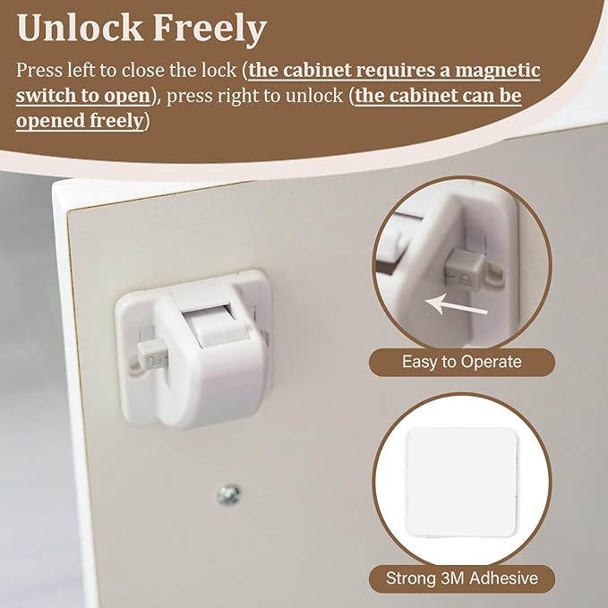 Magnetic Cabinet Locks for Baby Safety, Children Proof Cupboard Drawers Latches, Safe & Easy Install, Multi-Purpose Adhesive No Need for Screws or Tools(12 locks and 2 Keys)