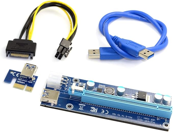 JSER PCI-E 1x to 16x Mining Machine Enhanced Extender Riser Adapter with USB 3.0 & 6Pin Power Cable
