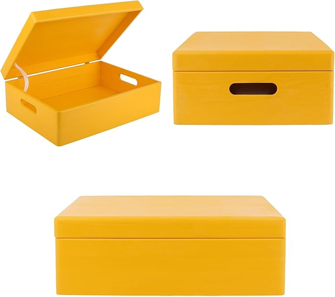 XL Yellow Wooden Box Storage with Hinged Lid | 15.8 x 11.8 x 5.5 inches (+-0.5) | with Handles | Gift Box for Tool Dog Toy Shoes Clothes Kitchen Storage Document | Wood Keepsake Chest