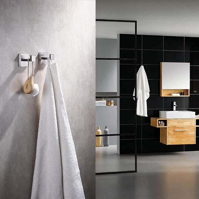 TASTOS Bath Towel Hooks Brushed Nickel, 4 Pack Stainless Steel Robe Coat and Clothes Hook, Heavy Duty Wall Hook for Bathroom & Kitchen, Modern Square Style Wall Mounted