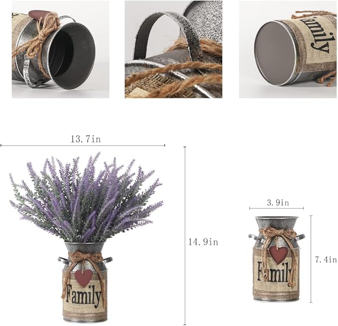 Artificial Lavender Flowers with Vase,Fake Lavender Plant Artificial in Metal Vase for Kitchen Counter Rustic Farmhouse Decor (Family,Purple)