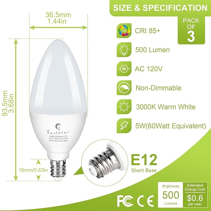 Sailstar Light Bulbs 60 Watt Equivalent, E12 Candelabra LED Light Bulbs, 3000K White, 500LM Ceiling Fan Light Bulbs, B11 Type B Bulb, Small Base Chandelier Light Bulbs 5W, CRI 85, Non-dimmable, 3 Pack