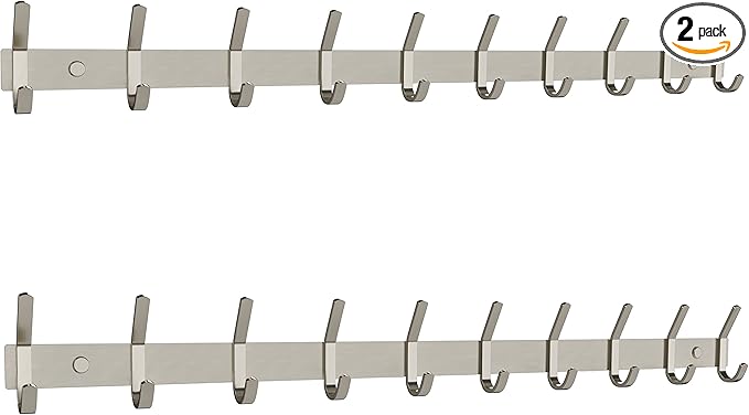 Coat Rack Wall Mount – Brushed Nickel 30 Inch Stainless Steel Hook Rail with 10 Heavy Duty Double Coat Hooks – Wall Mounted Coat Hanger for Entryway, Bathroom, Bedroom, Towel, Hat Organizer - 2 Pack