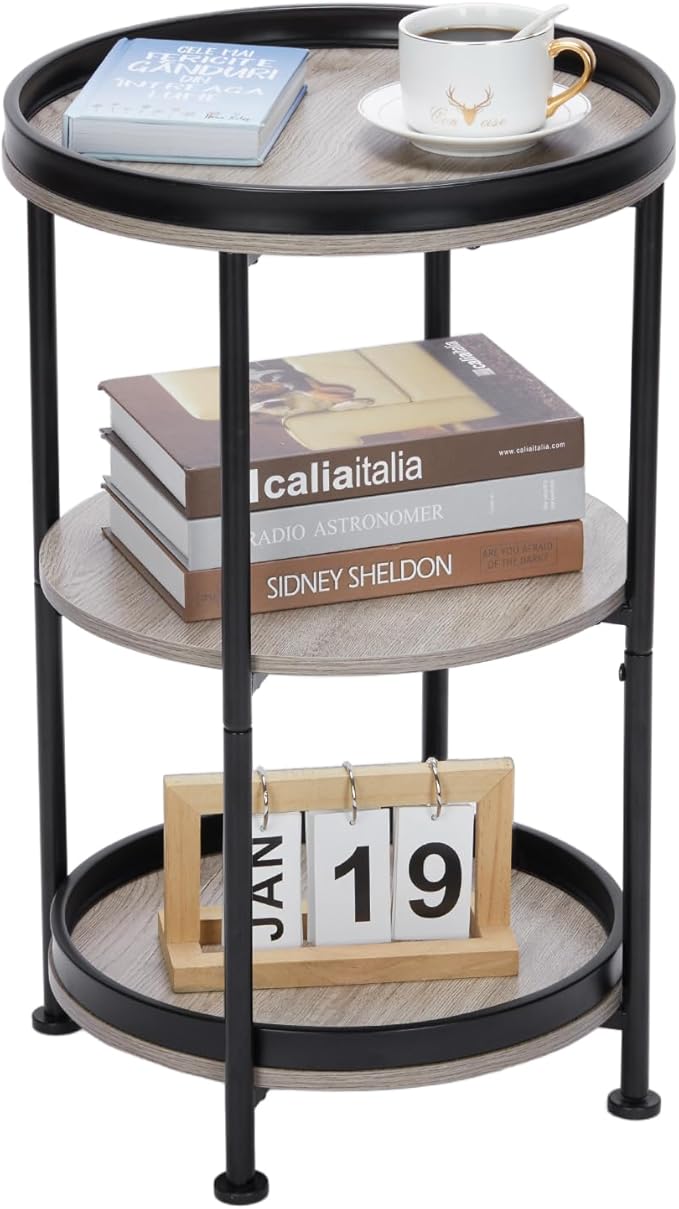Dulcii Side Table, Round End Table with 3 Storage Shelves for Living Room, Bedroom, Nightstand with Steel Frame for Small Spaces, Industrial Round Sofa Table, Outdoor Accent Coffee Table, Oak
