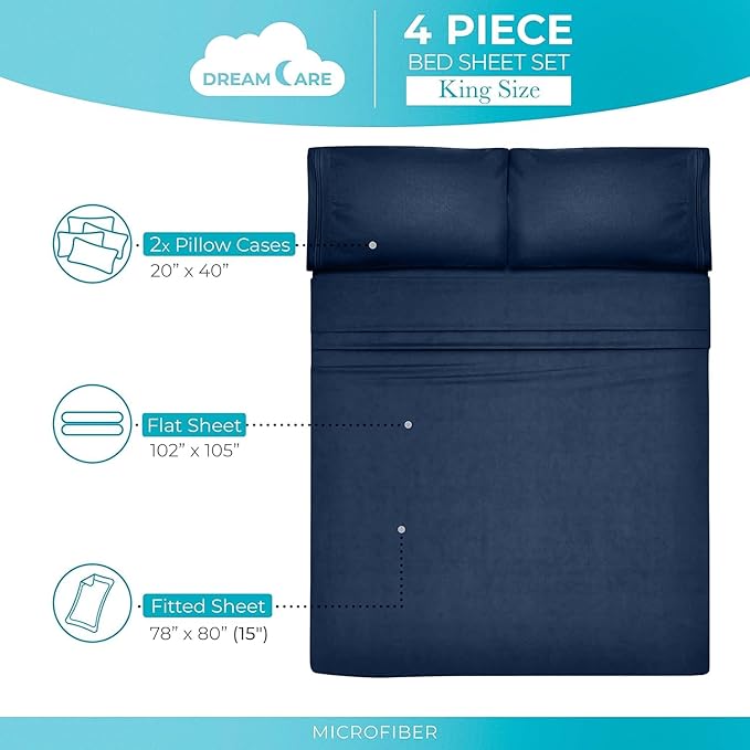 DREAMCARE Twin Sheets - Cooling Bed Sheets - 4pcs Set - up to 15" Deep Pocket Twin Bed Sheets - Twin Sheet Set - Twin Soft & Lasting 100% Fine Brushed Polyester with Side Pocket - N.Blue