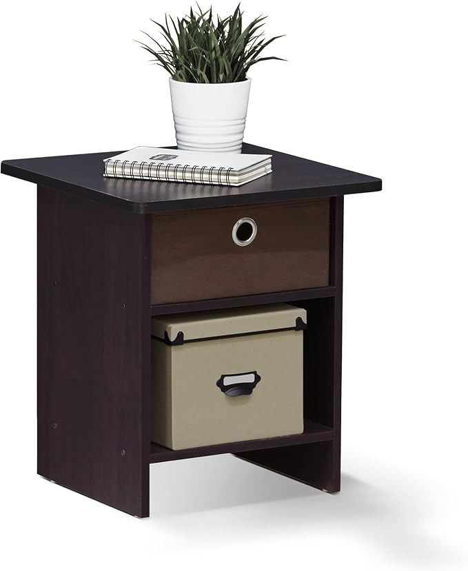 Furinno Dario End Table / Side Table / Night Stand / Bedside Table with Bin Drawer, 2-Pack, Dark Walnut