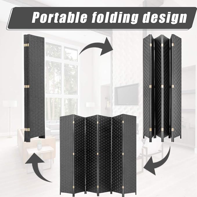 Room Divider Wood Screen 6 Panel Folding Portable Partition Screens Wooden Mesh Woven Design Room Screen Divider for Home Office (Black)